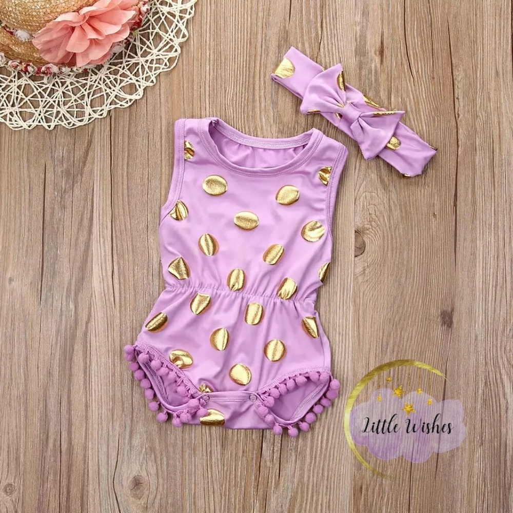 Baby girl boho romper with golden polka dots
